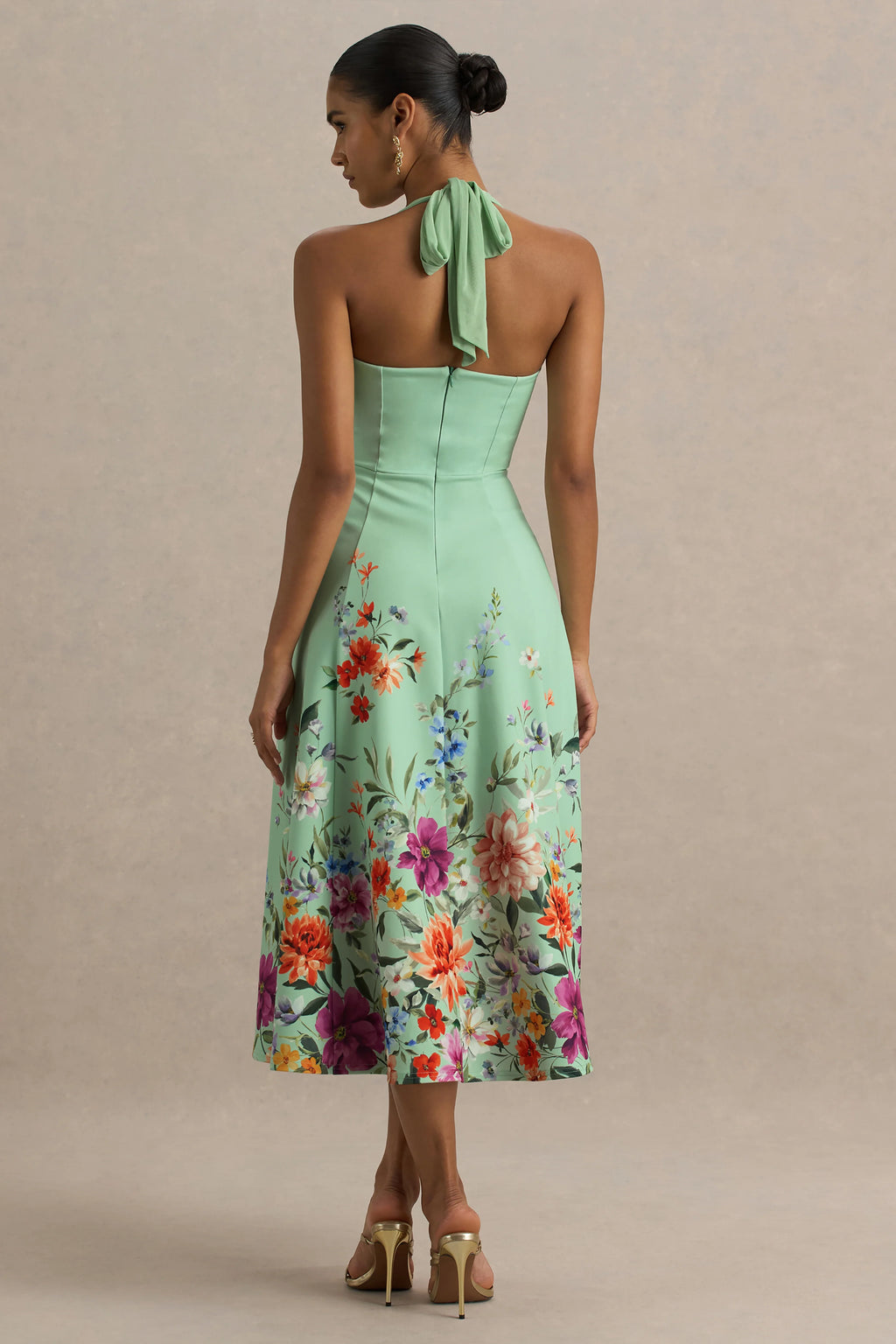 Auburn | Mint Placement Floral Halter-Neck Midi Dress