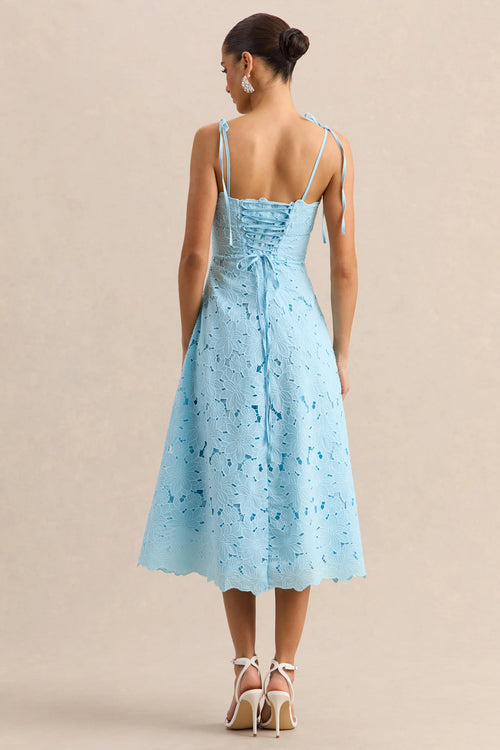 Anna | Embroidered Powder Blue Square-Neck Midi Dress