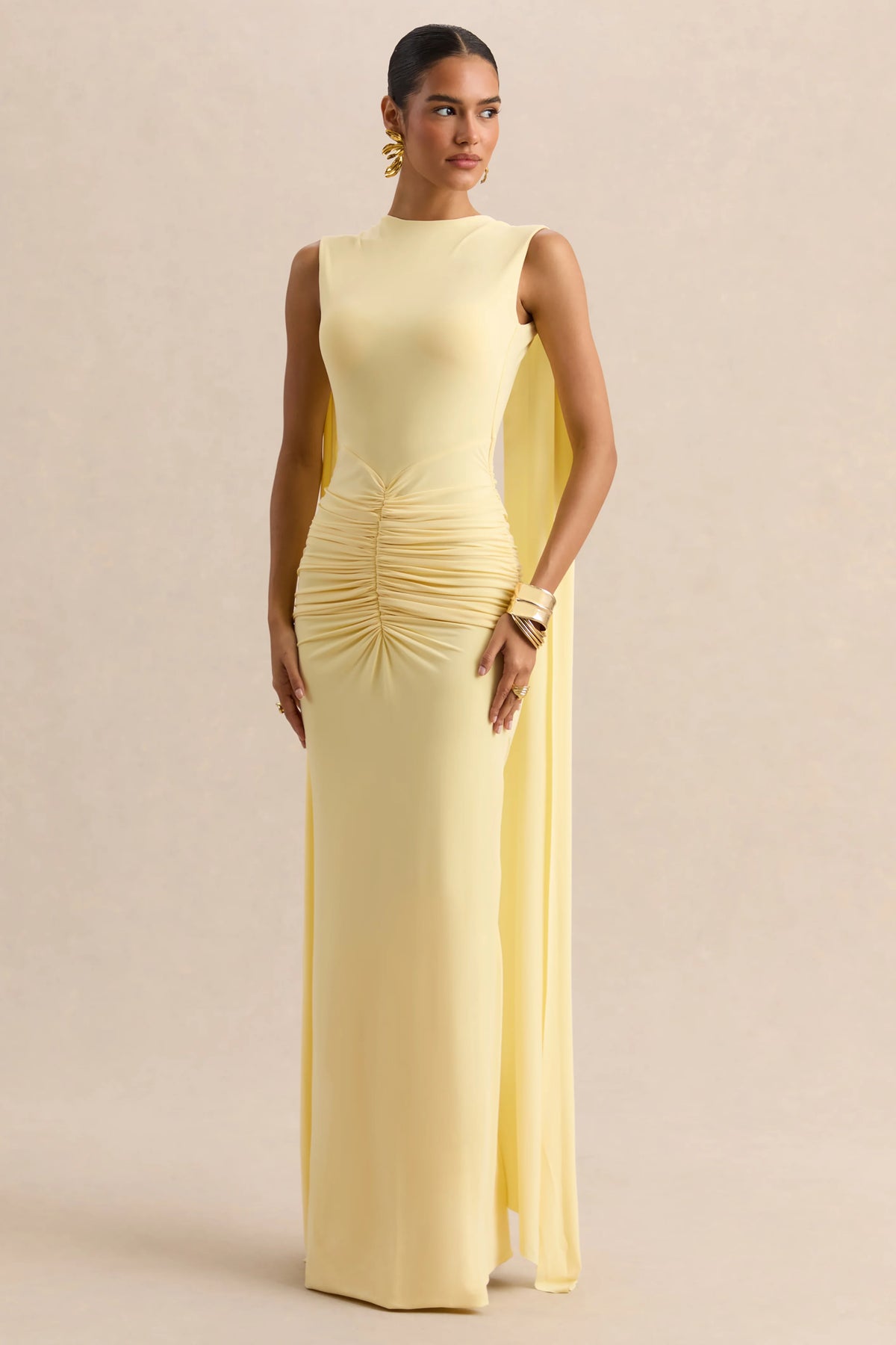 Premiere | Lemon Boat-Neck Maxi Dress With Cape-Sleeves And Open-Back