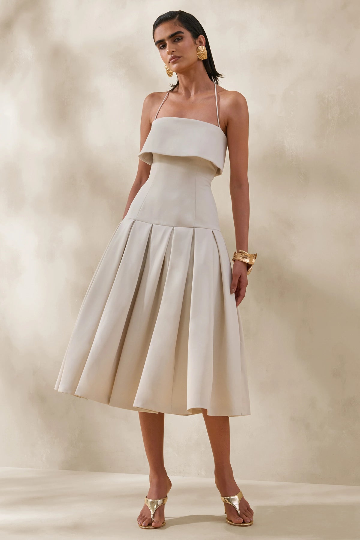Dazira | Cream Square-Neck Midi Dress With Drop-Waist