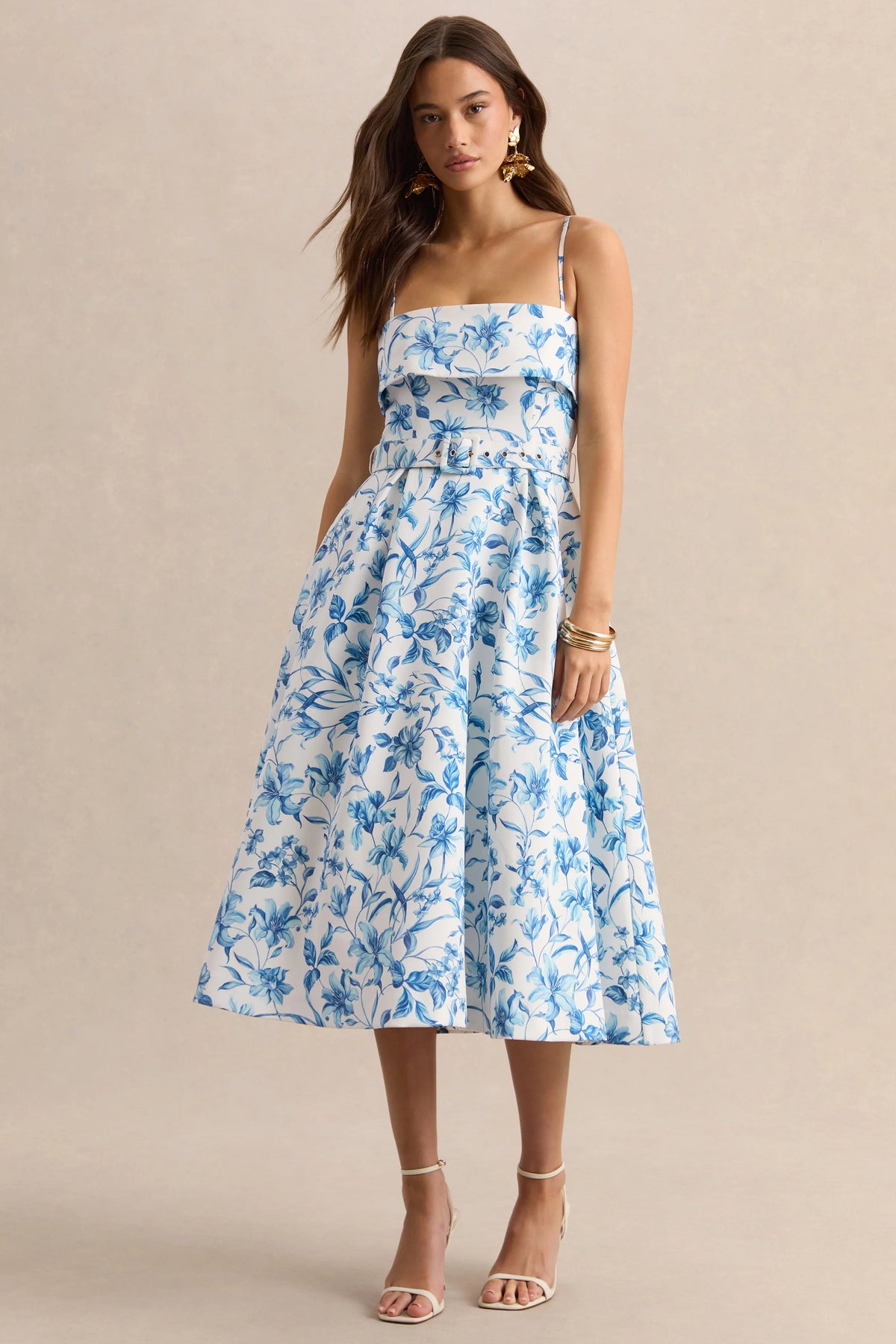 Devina | Blue Porcelain Print Square-Neck Belted Midi-Dress