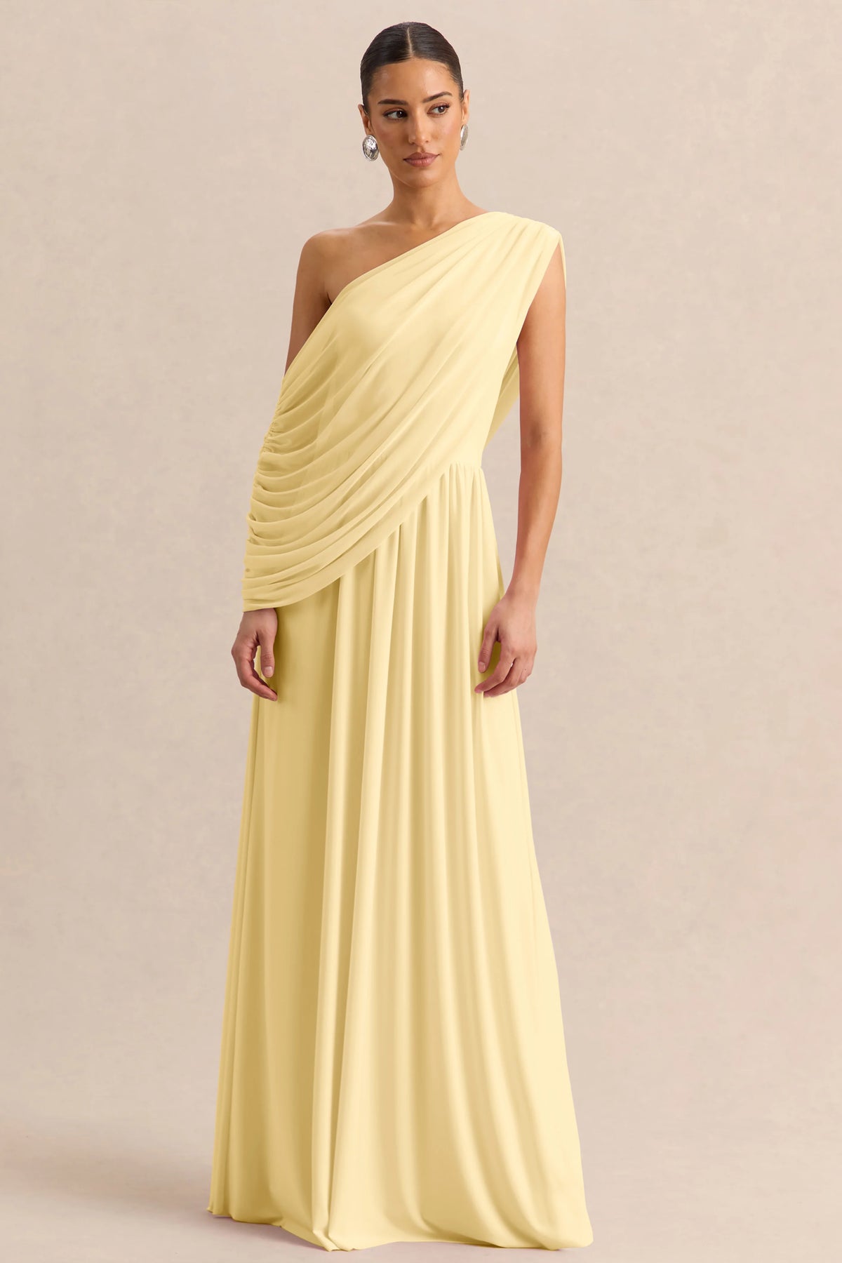 Sabianna | Lemon Asymmetric-Neck Maxi Dress With Draped Detailing