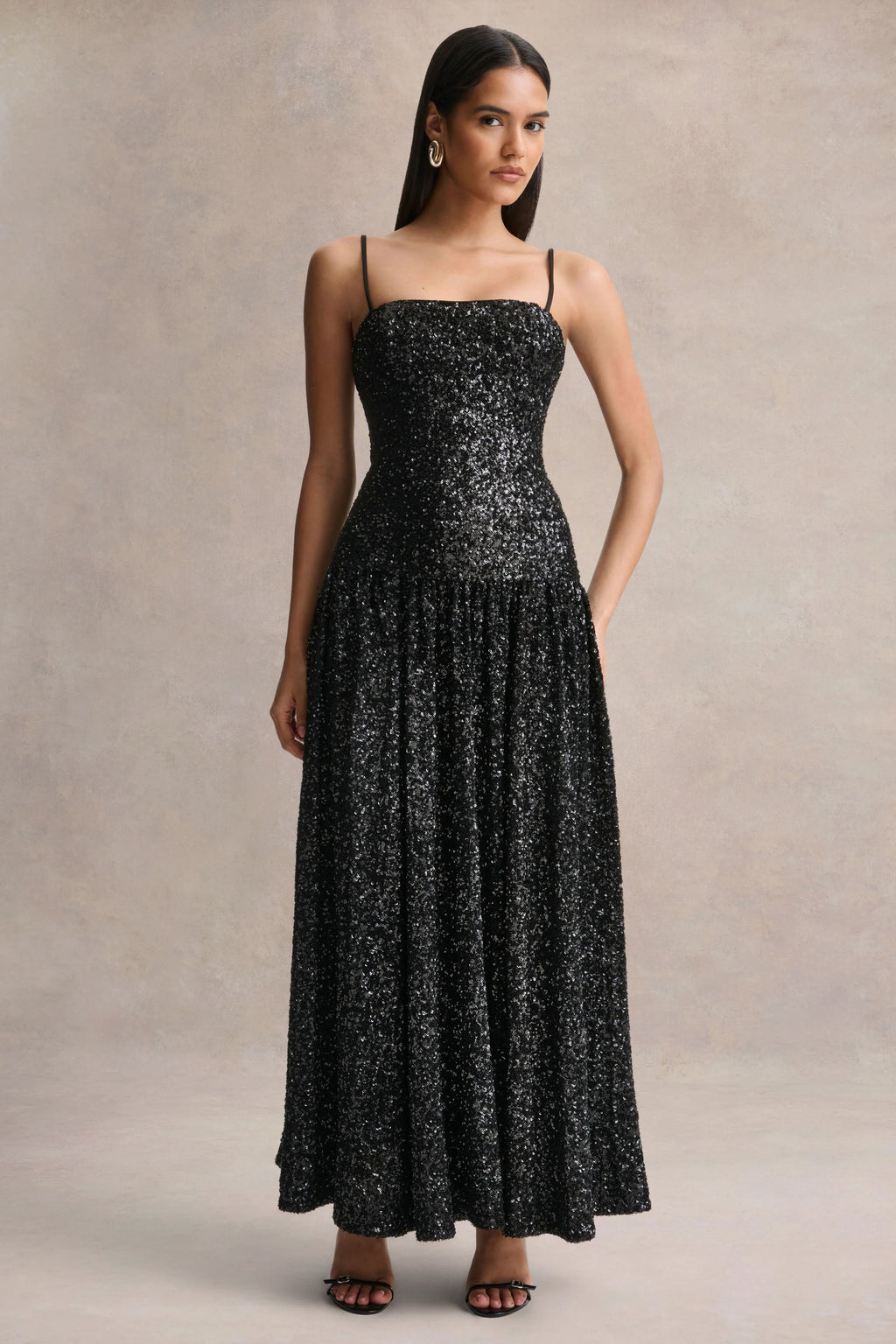 Allora | Black Sequin Square-Neck Maxi Dress With Pleated Skirt