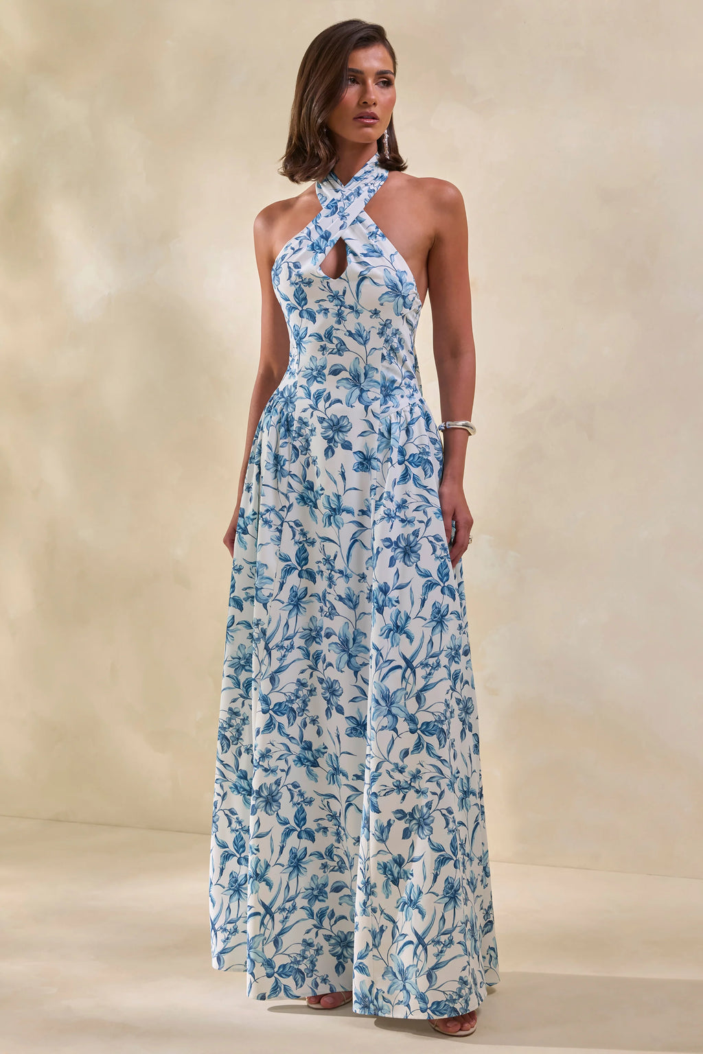 Liana | Blue Porcelain Print Halter-Neck Maxi Dress