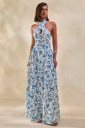 Liana | Blue Porcelain Print Halter-Neck Maxi Dress