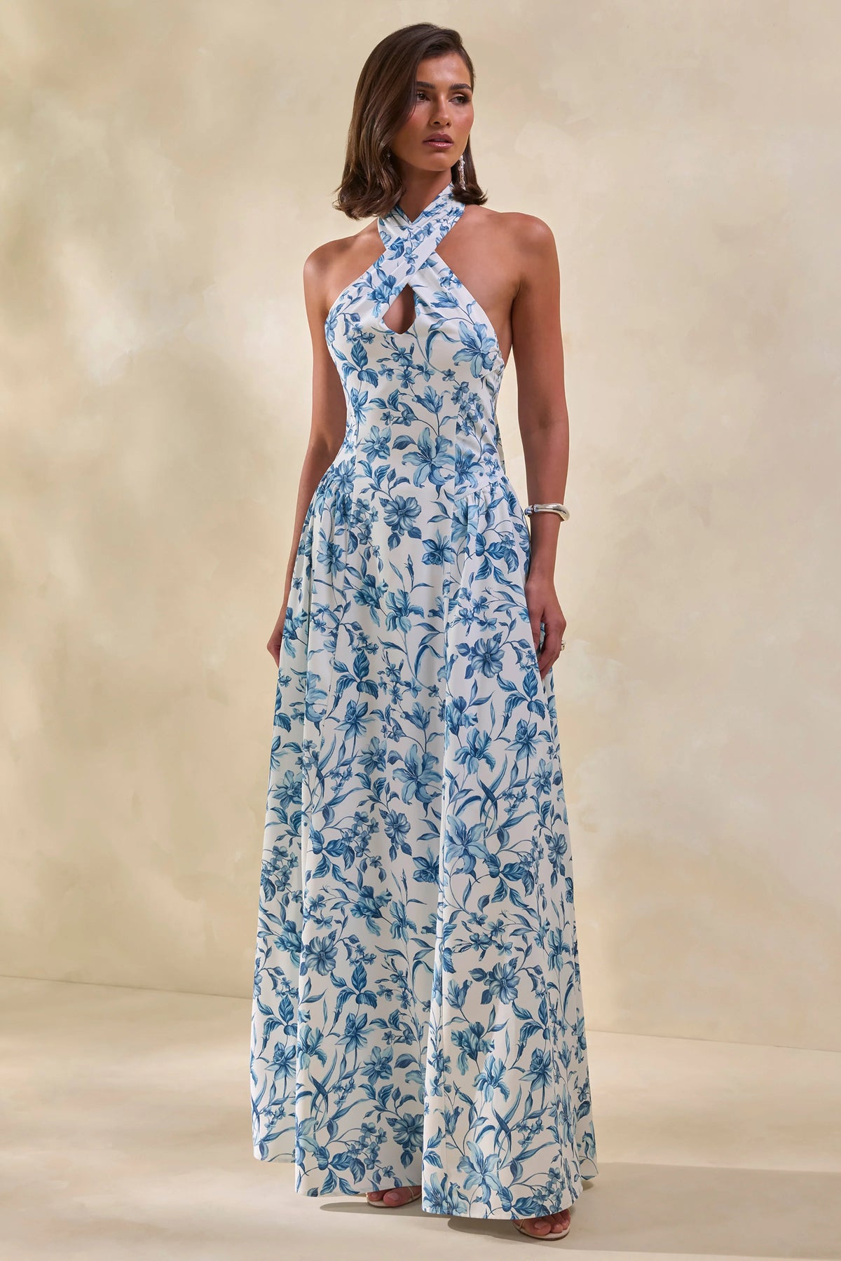 Liana | Blue Porcelain Print Halter-Neck Maxi Dress