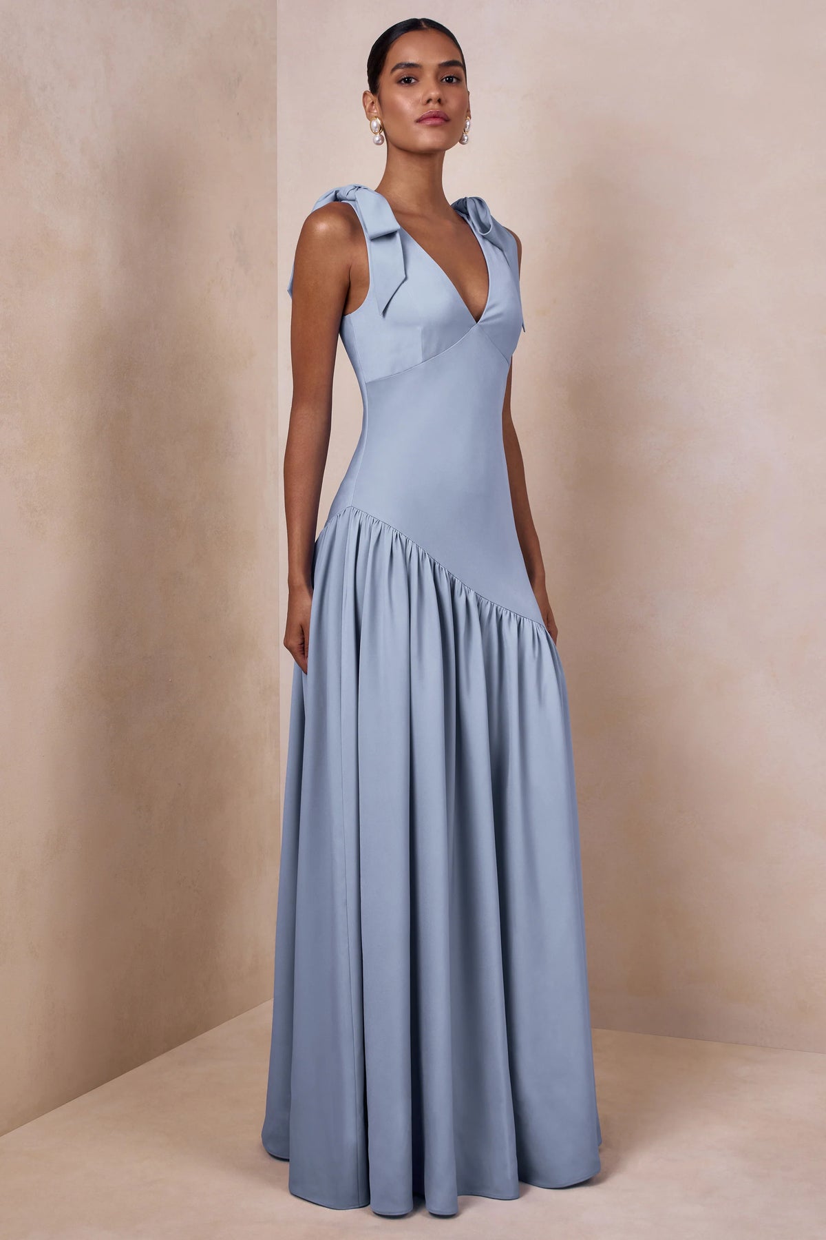 Cala | Powder Blue Matte Satin Plunge-Neck Maxi Dress With Bow-Sleeves