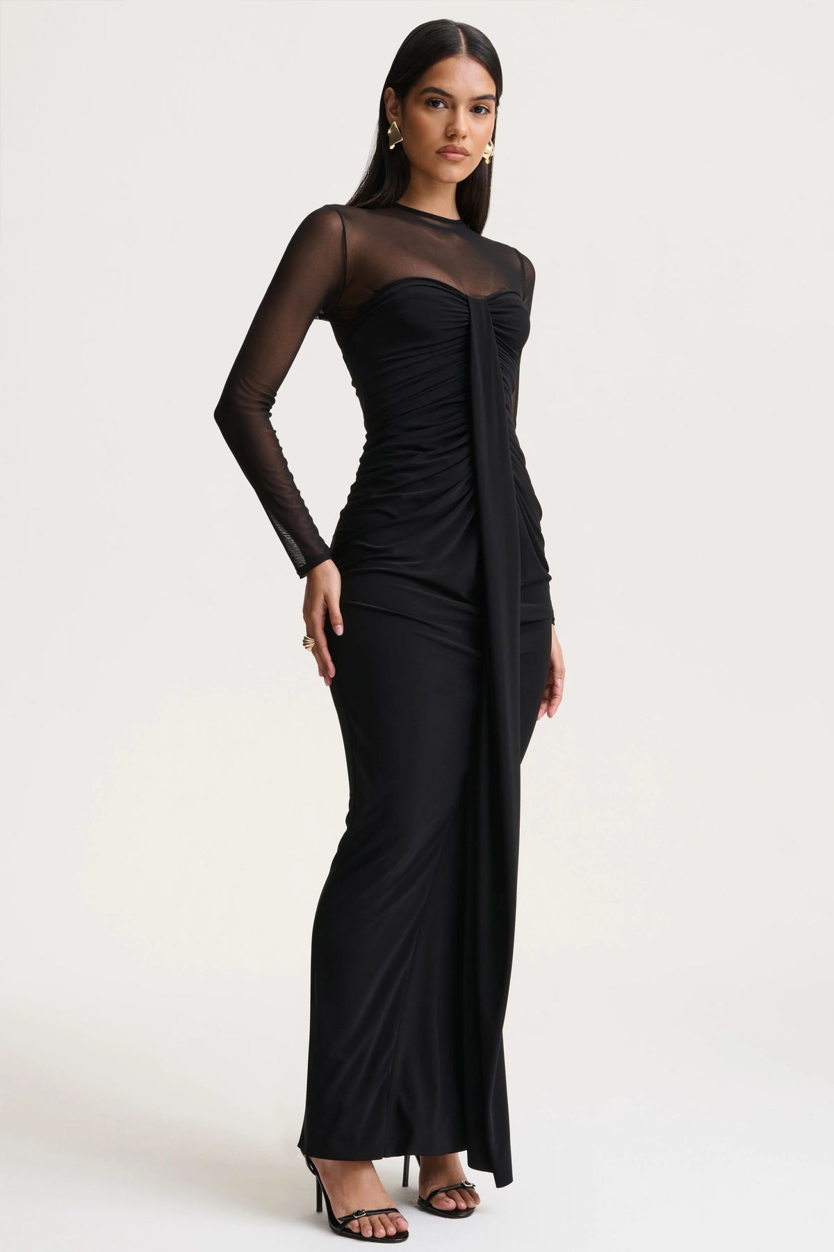 Cadenza | Black Crew-Neck Maxi Dress With Mesh And Gathered-Detailing