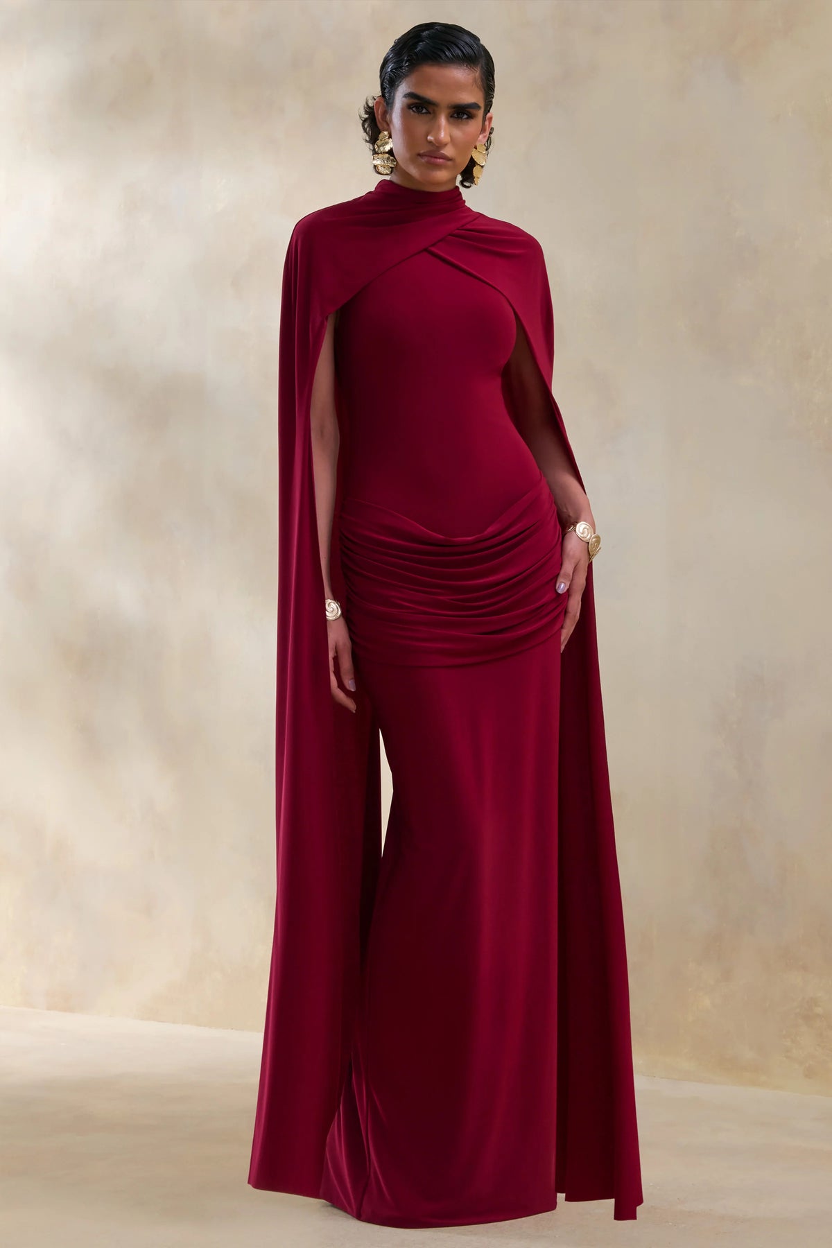Dianelle | Berry High-Neck Maxi Dress With Cape-Sleeves