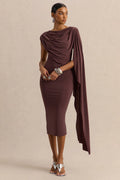 Kamoria | Brown Round-Neck Midi Dress With Cape-Sleeve