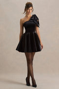 Keeley | Black Asymmetric-Neck Velvet Mini Dress With Bow Detail