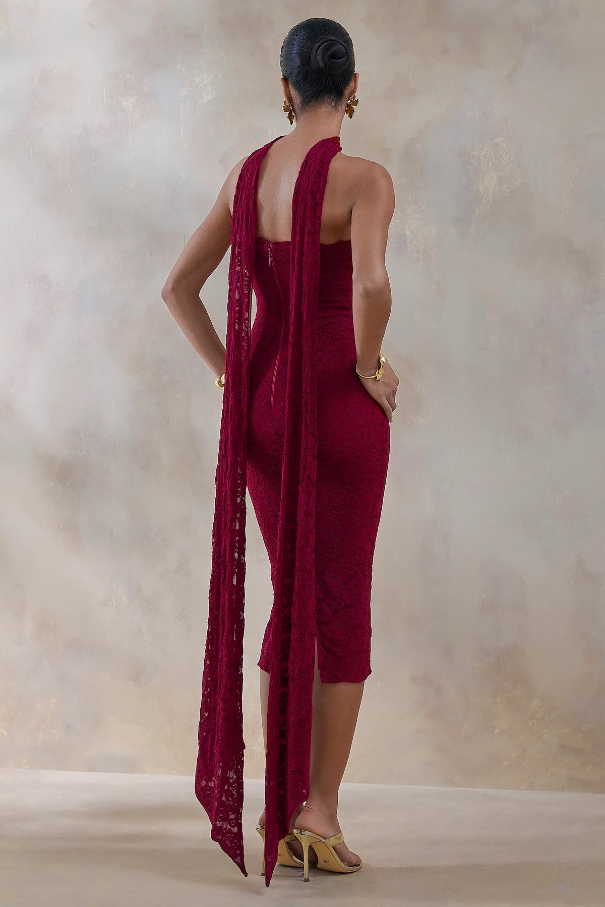 Rosaria | Burgundy Lace Bandeau Midi Dress With Scarf-Detail