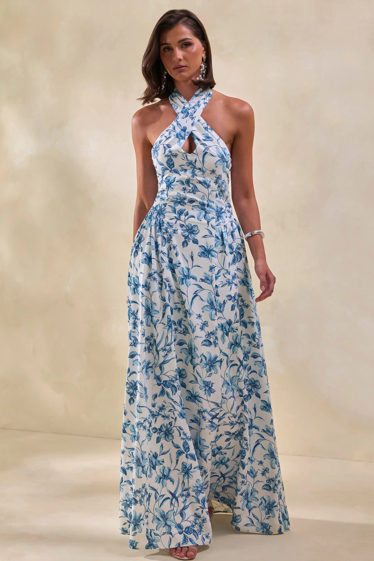 Liana | Blue Porcelain Print Halter-Neck Maxi Dress