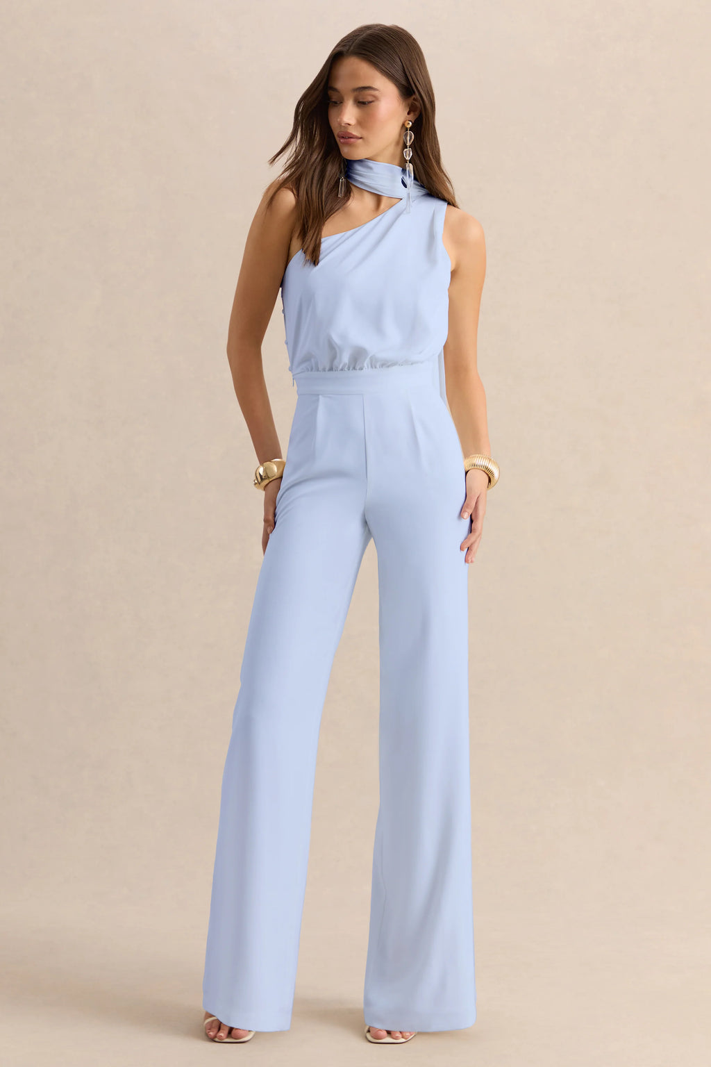 Gliselle | Powder Blue Asymmetric-Neck Jumpsuit With Scarf-Detail