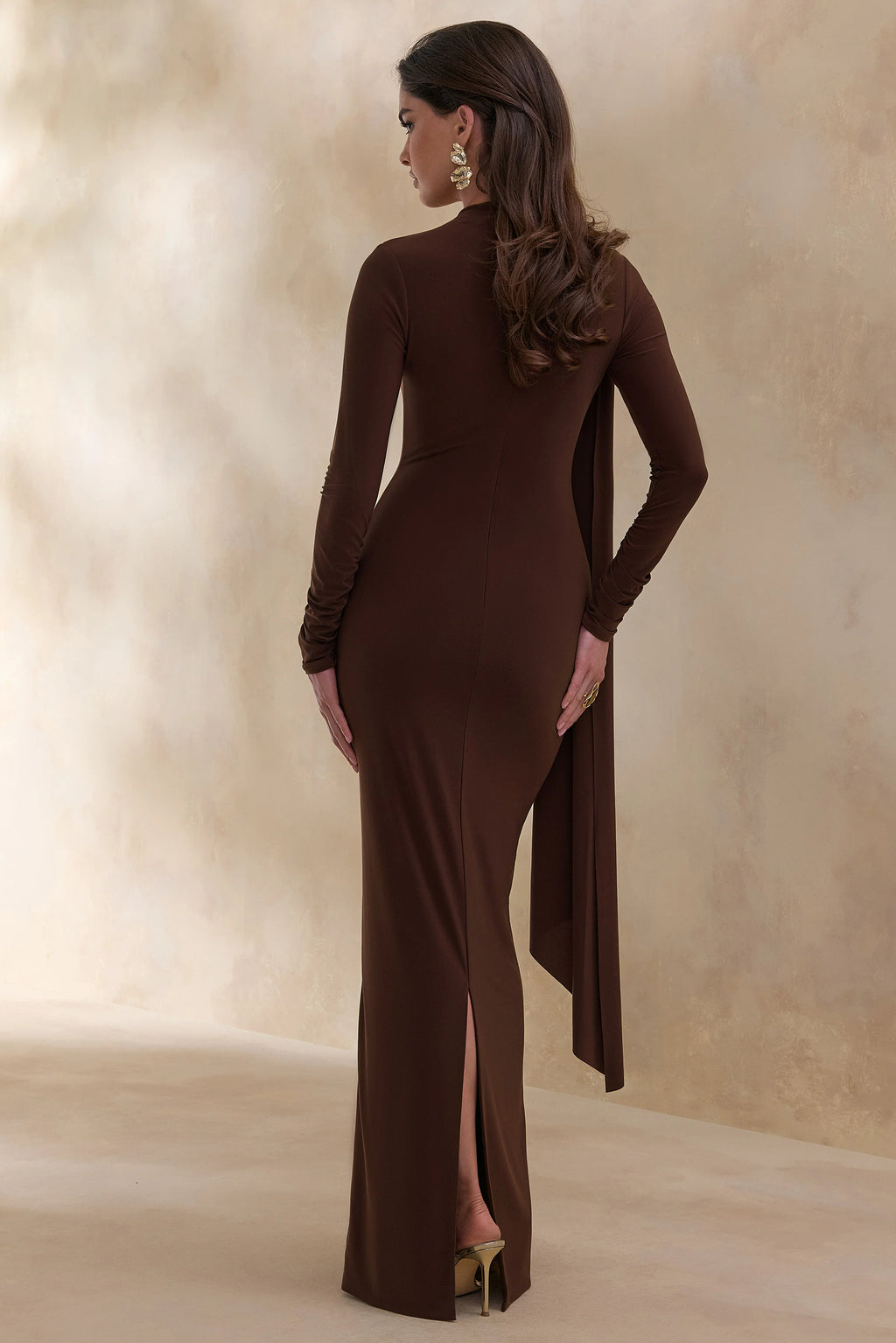 Amaria | Brown High-Neck Maxi Dress With Sash-Detail
