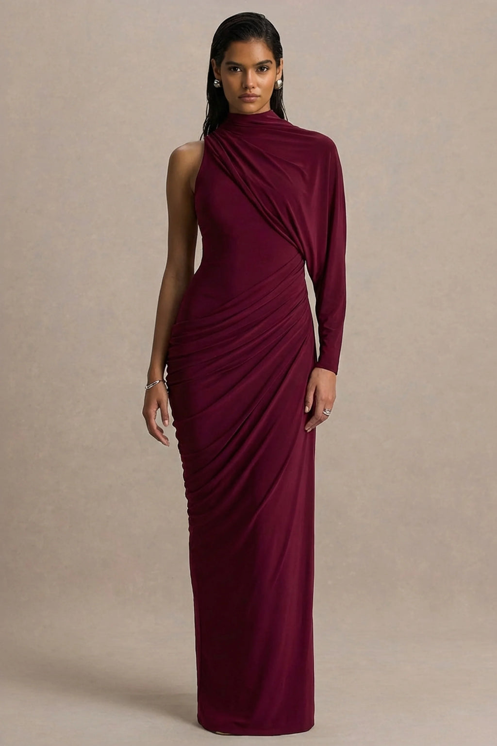 Aphra | Burgundy High-Neck Maxi Dress With Cape-Sleeve