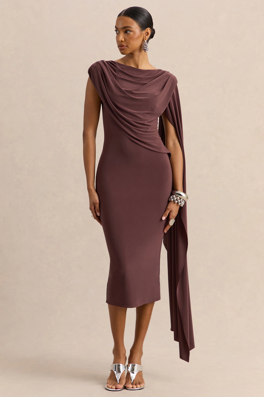 Kamoria | Brown Round-Neck Midi Dress With Cape-Sleeve