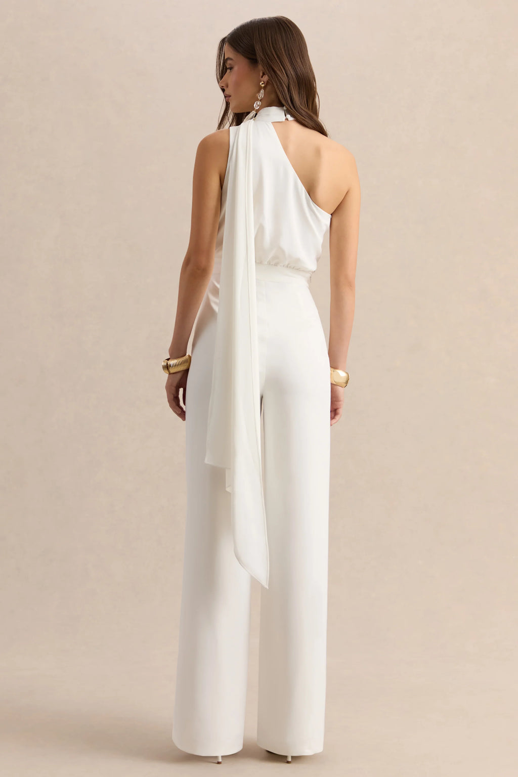 Gliselle | White Asymmetric-Neck Jumpsuit With Scarf-Detail