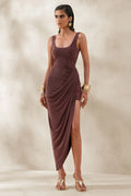 Jaylani | Brown Scoop-Neck Midi Dress With Draped-Detailing