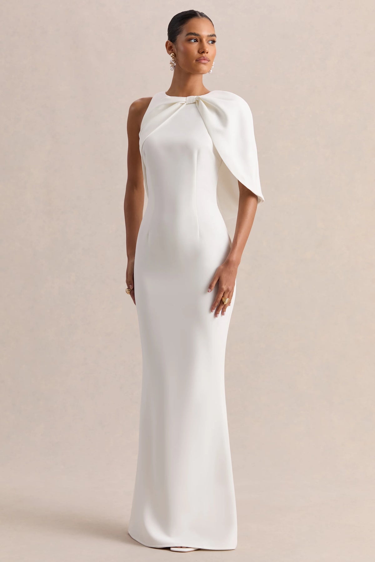Quira | White Asymmetric-Neck Maxi Dress With Cape-Sleeve