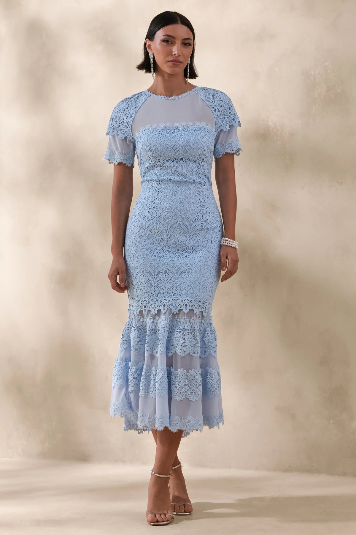 Leanne | Powder Blue Mesh And Lace Crew-Neck Fishtail Midi Dress