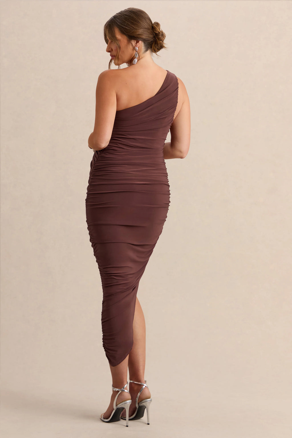 Late Night | Brown Maternity Ruched One Shoulder Midi Dress