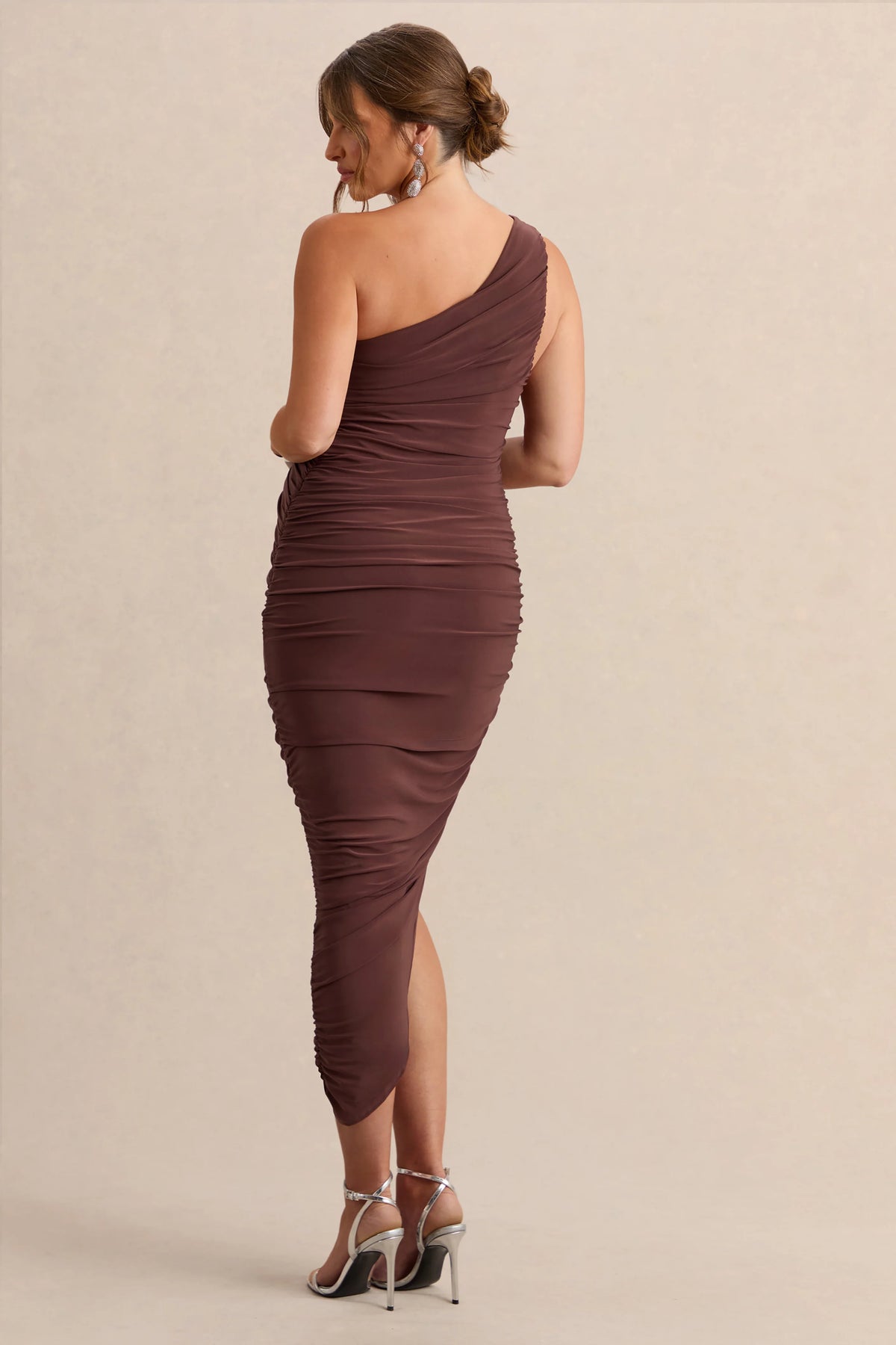 Late Night | Brown Maternity Ruched One Shoulder Midi Dress