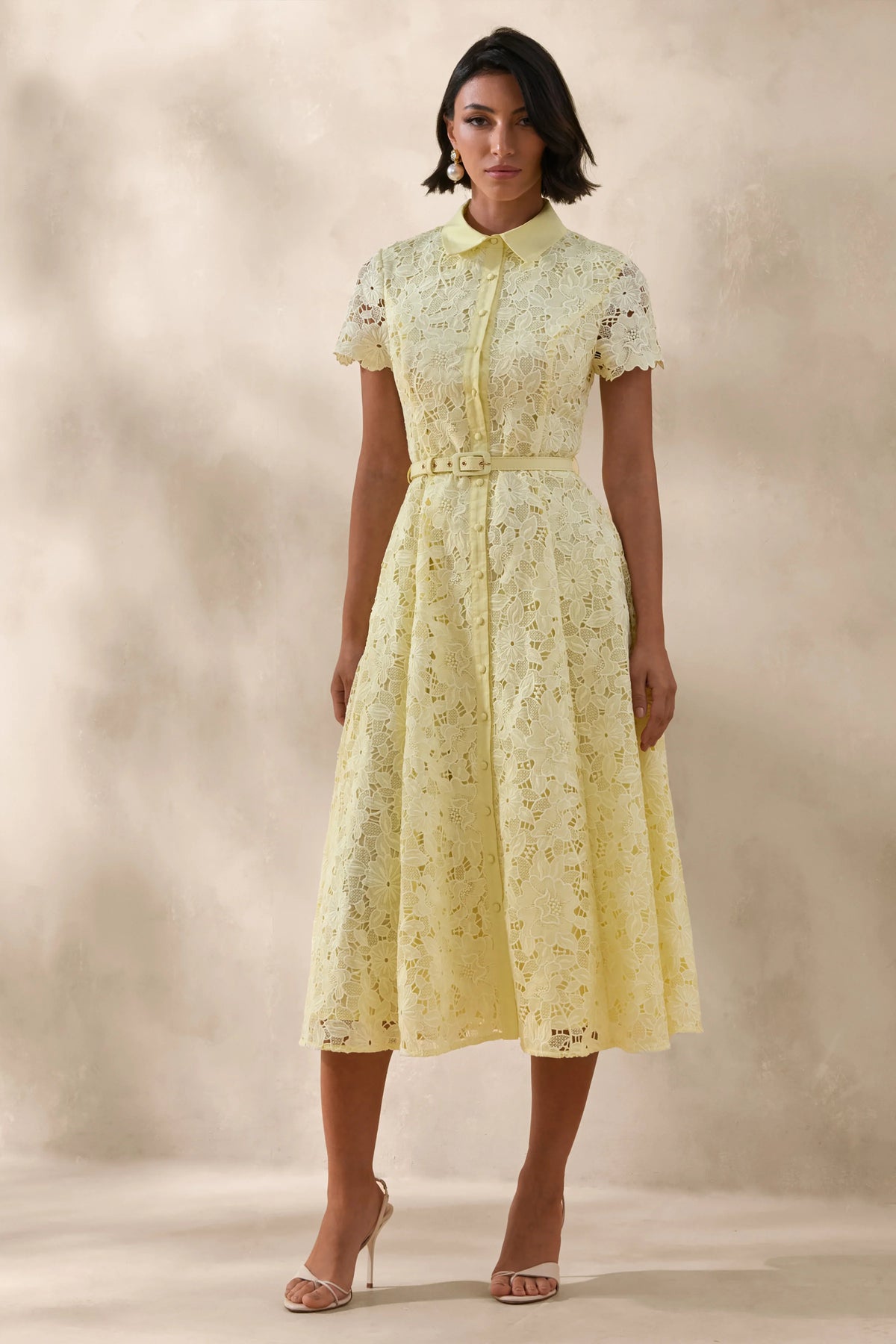 Zalie | Yellow Lace High-Neck Belted Midi Dress