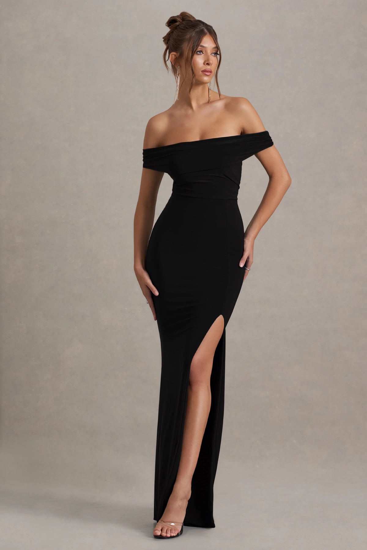 Law of Attraction | Black Bardot Draped Split Maxi Dress