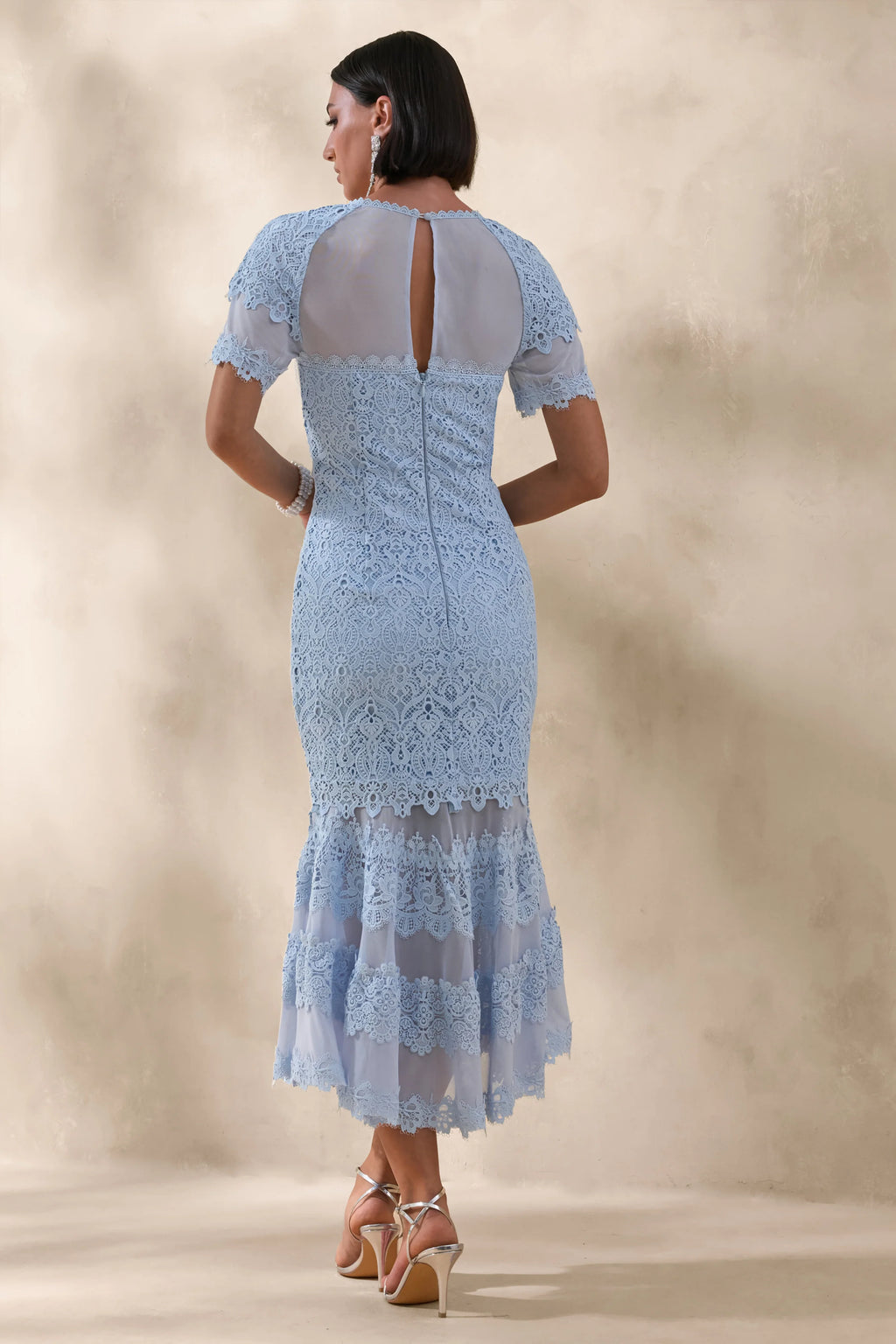 Leanne | Powder Blue Mesh And Lace Crew-Neck Fishtail Midi Dress