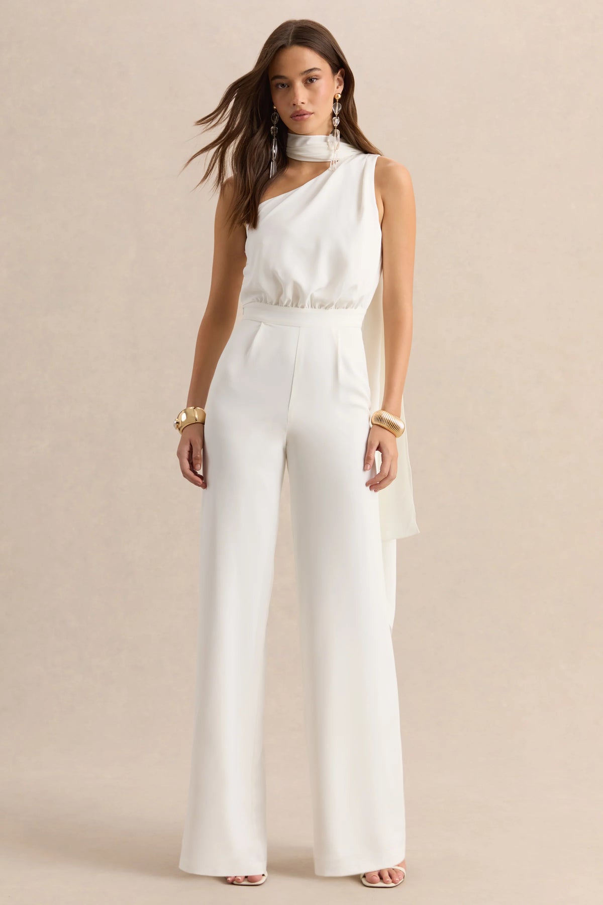 Gliselle | White Asymmetric-Neck Jumpsuit With Scarf-Detail