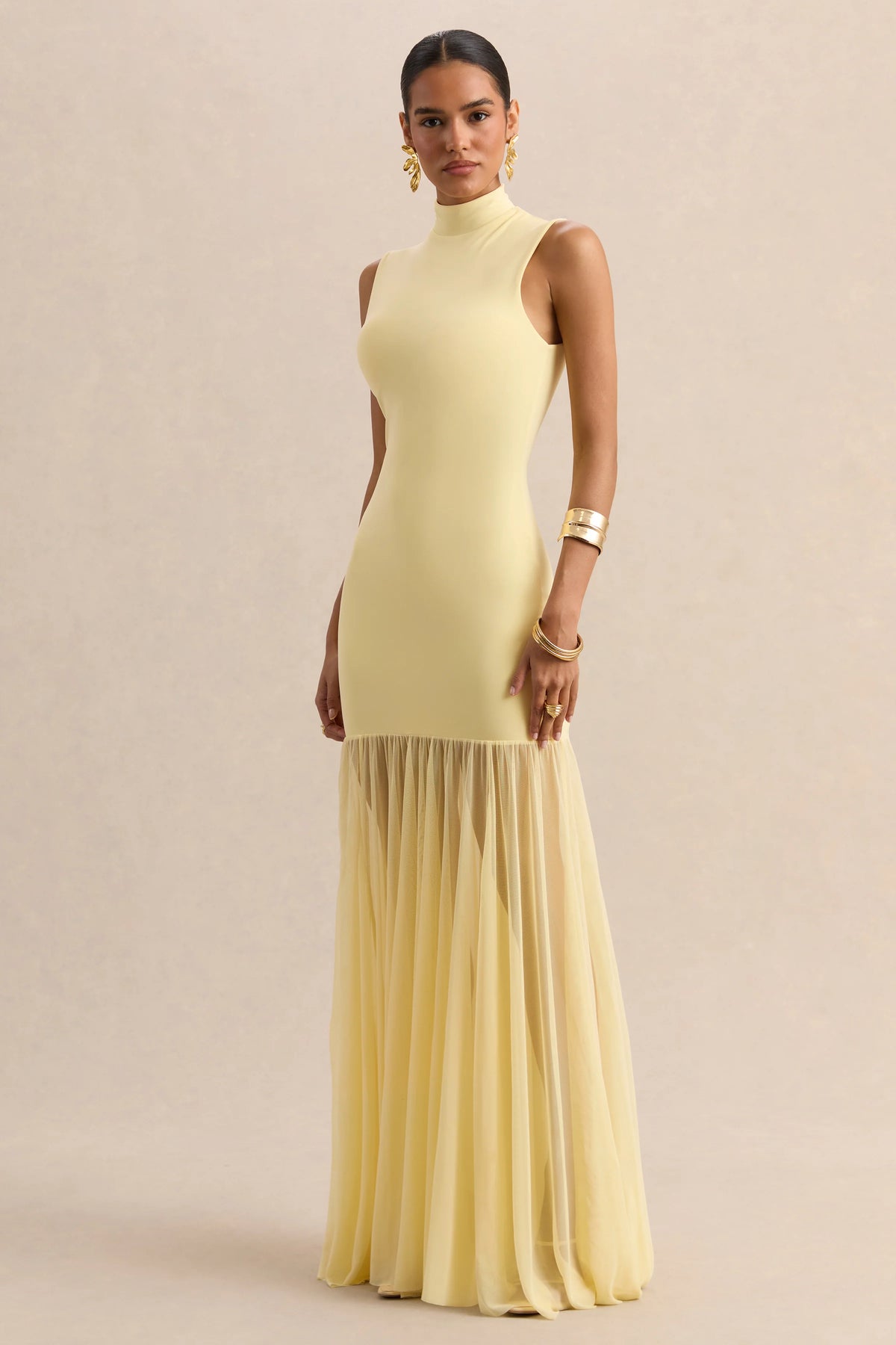 Felina | Lemon High-Neck Maxi Dress With Sheer-Skirt
