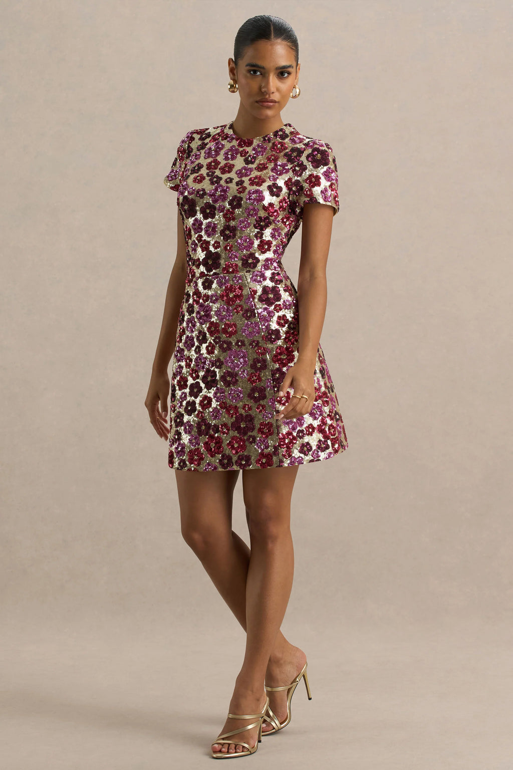 Eira | Pink Floral Embellished Sequin Crew-Neck Mini Dress