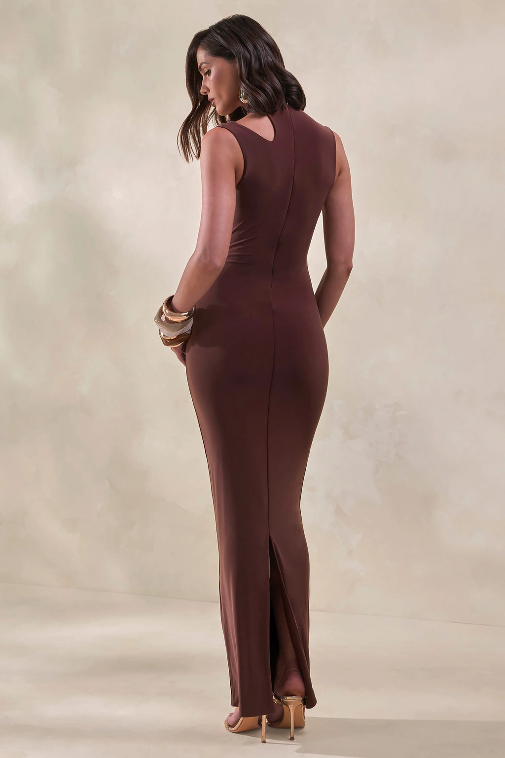 Cyrilla | Brown High-Neck Maxi Dress With Gold-Detail