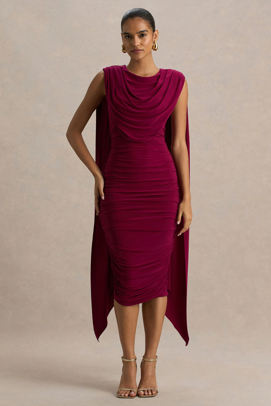 Wanderer | Burgundy Crew-Neck Midi Dress With Draped and Ruched Detailing