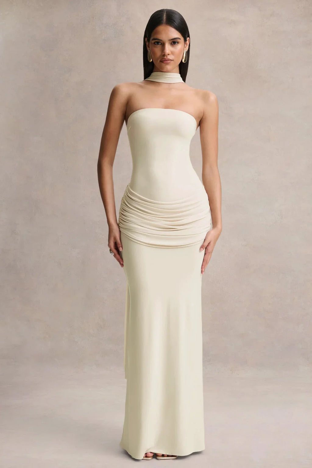 Graciella | Stone Bandeau Maxi Dress With Draped Detailing And Scarf