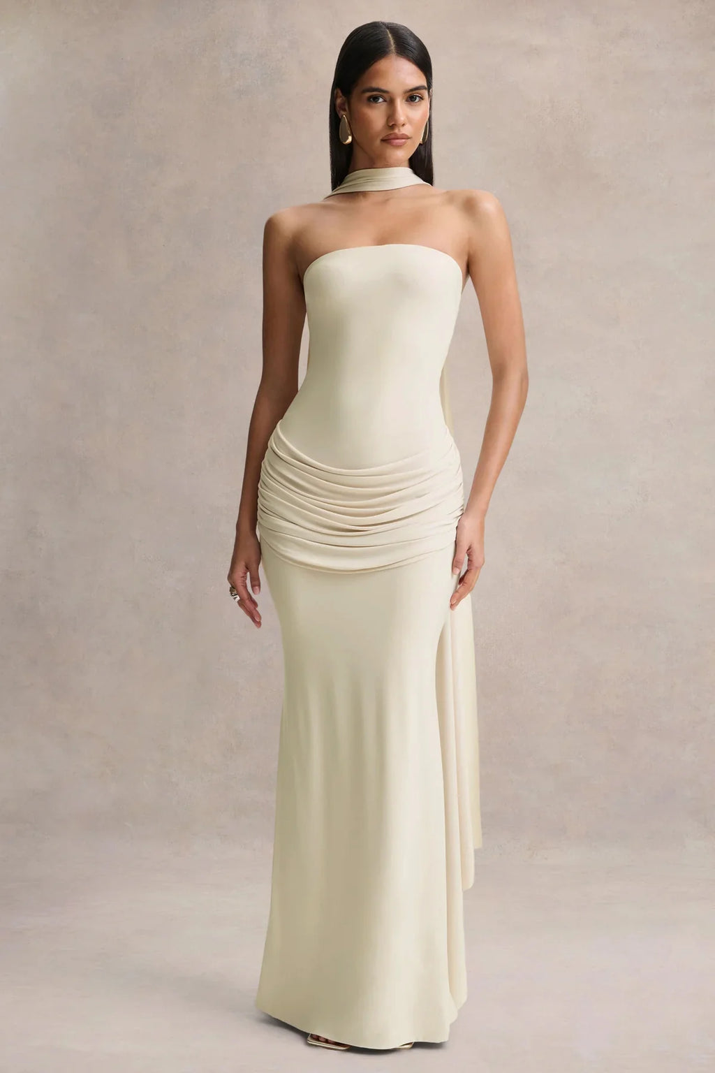 Graciella | Stone Bandeau Maxi Dress With Draped Detailing And Scarf