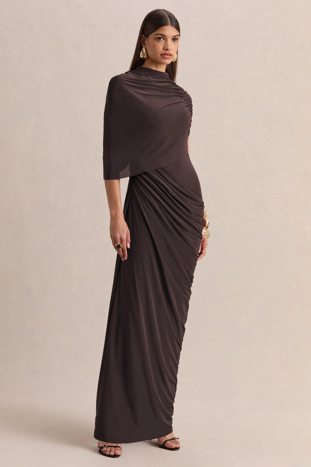 Lunaline | Brown High-Neck Maxi Dress With Asymmetric Cape And Draped-Detailing