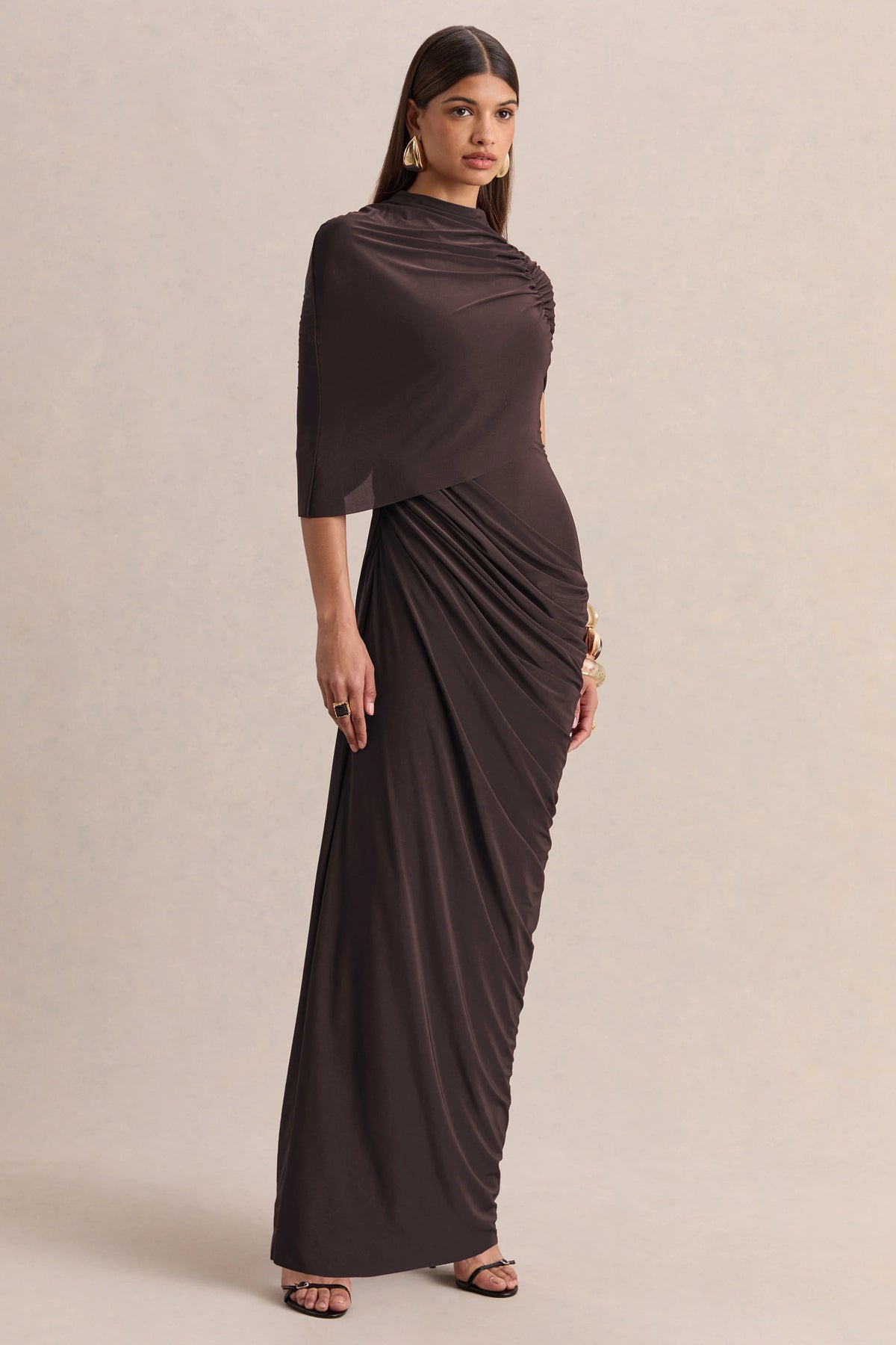 Lunaline | Brown High-Neck Maxi Dress With Asymmetric Cape And Draped-Detailing