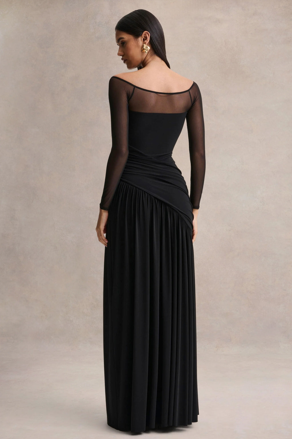 Bexley | Black Bardot-Neck Draped Maxi Dress With Long Mesh-Sleeves