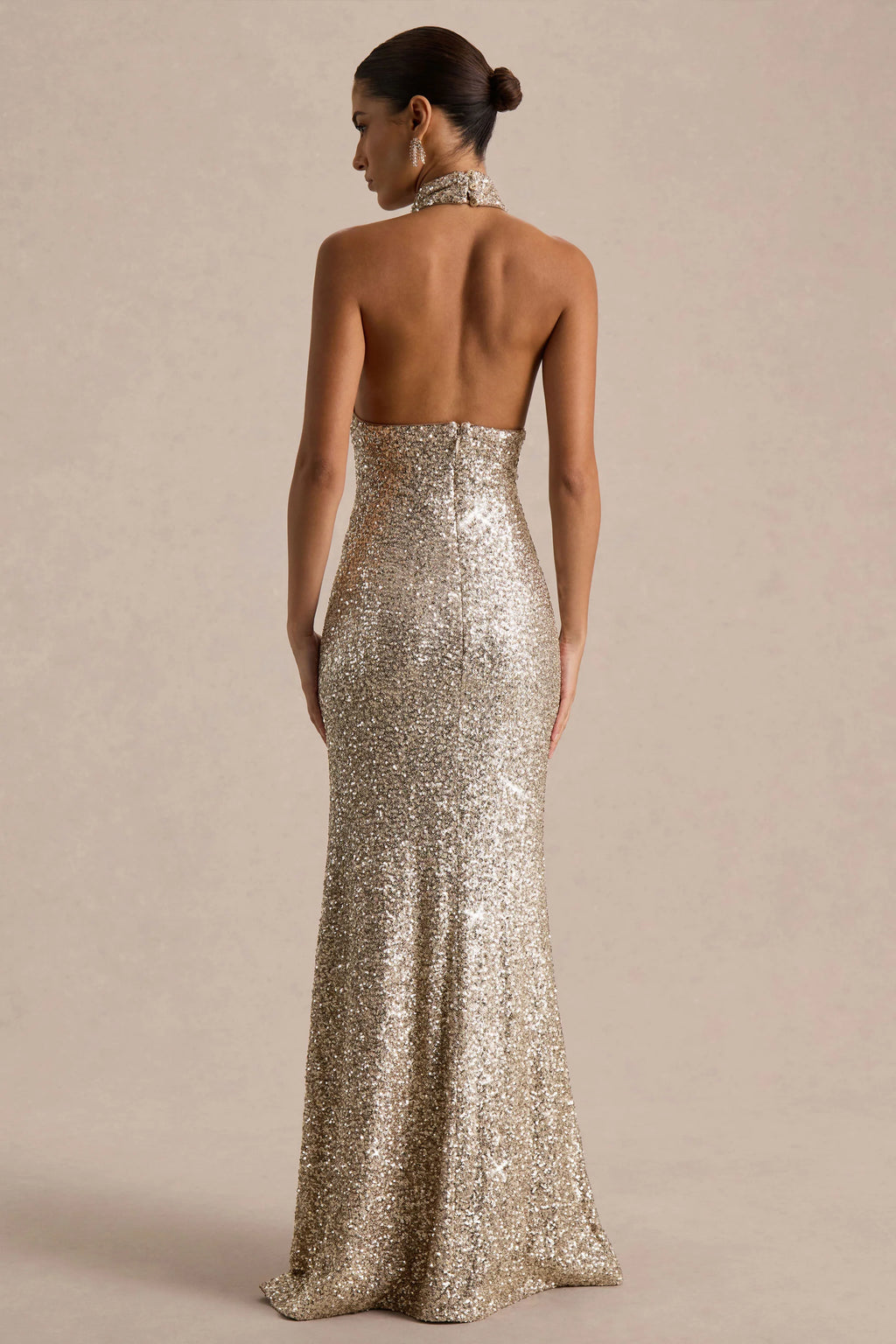 Tulia | Gold Sequin High-Neck Maxi Dress
