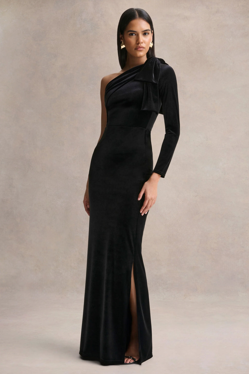 Farryn | Black Asymmetric-Neck Maxi Dress With Bow Detail