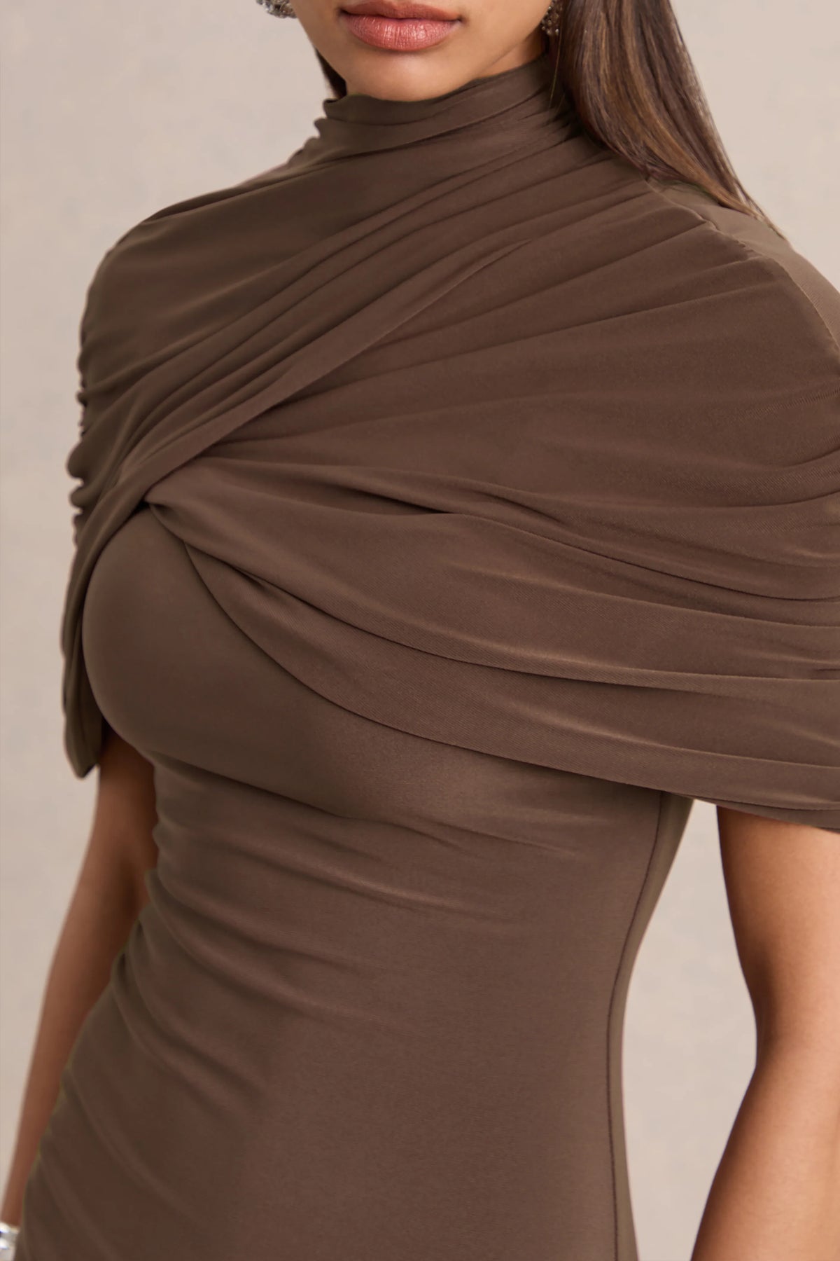 Perdi | Brown Bodycon Mini Dress With Twisted Cape