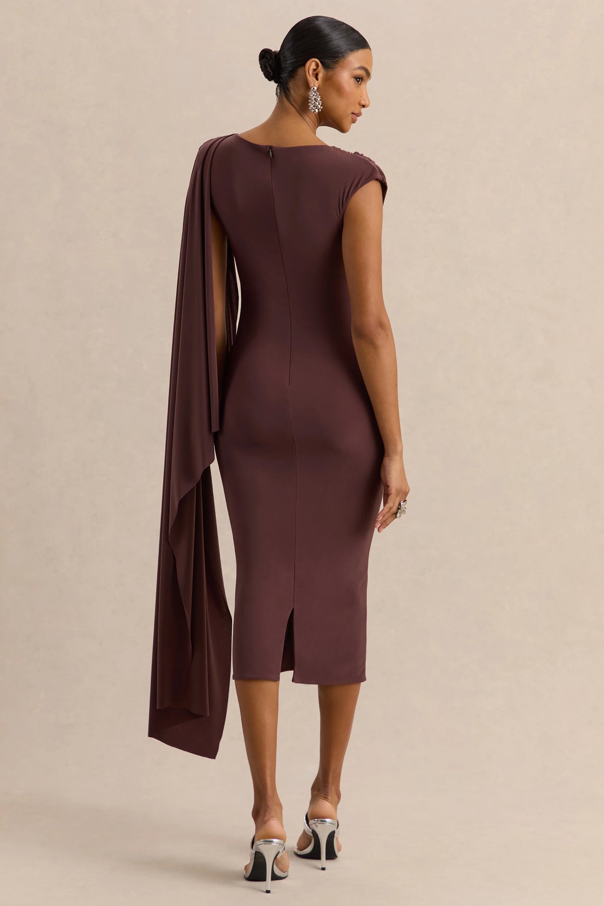 Kamoria | Brown Round-Neck Midi Dress With Cape-Sleeve