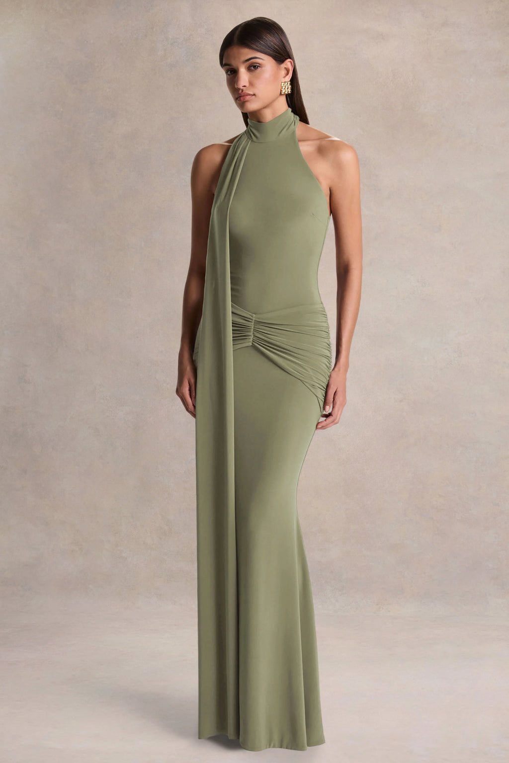 Hyla | Green High-Neck Maxi Dress With Sash-Detail