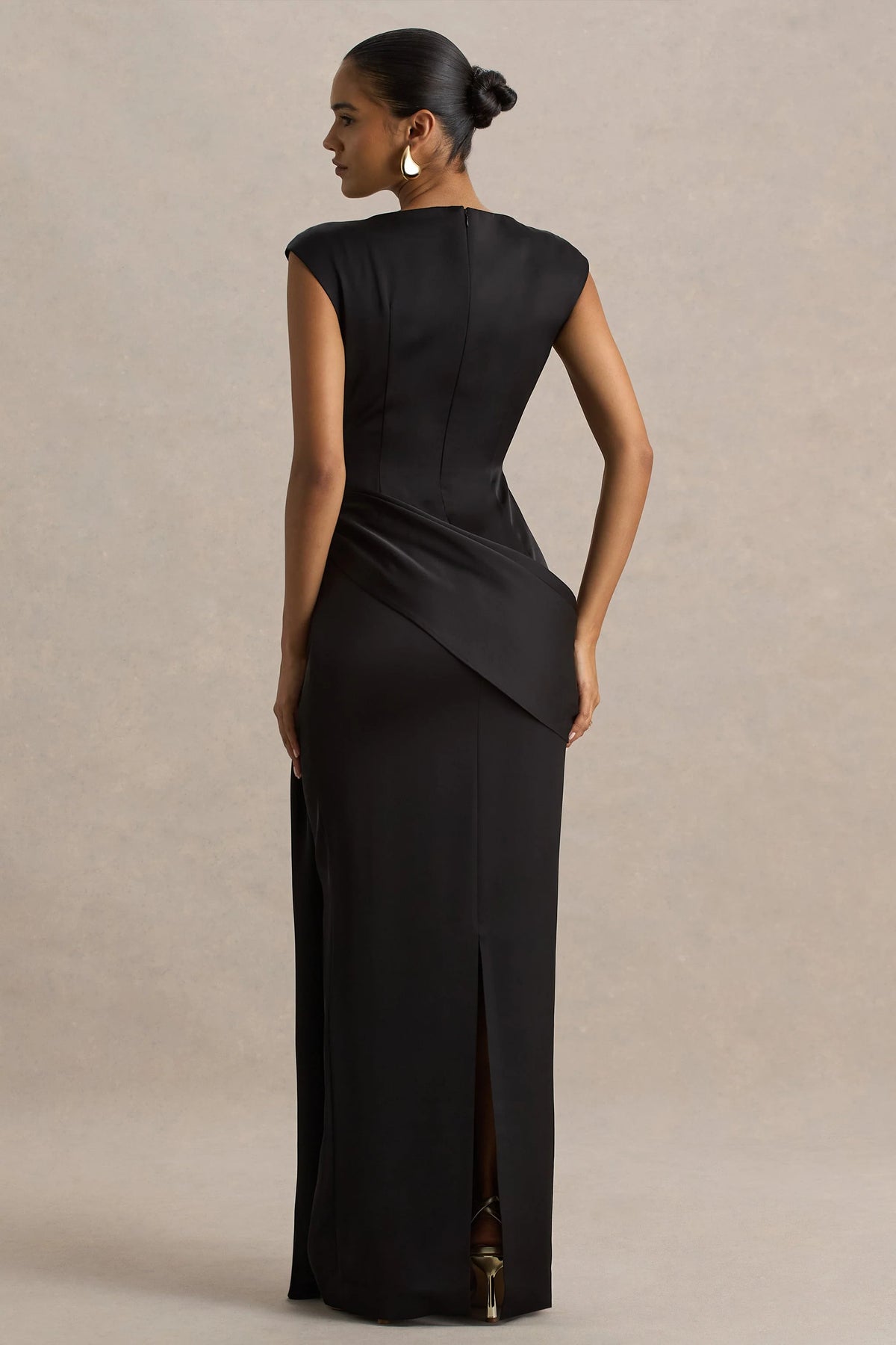 Influence | Black Satin Slashed-Neck Maxi Dress With Embellished Detail And Sash