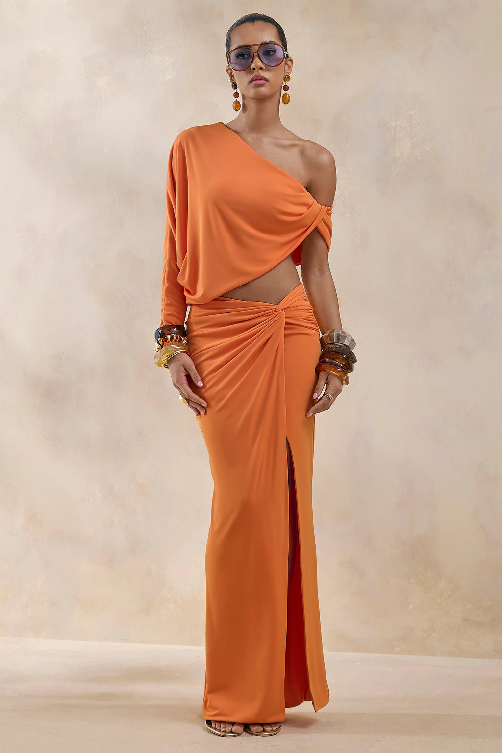 Marlena | Orange Twisted Split Maxi Skirt
