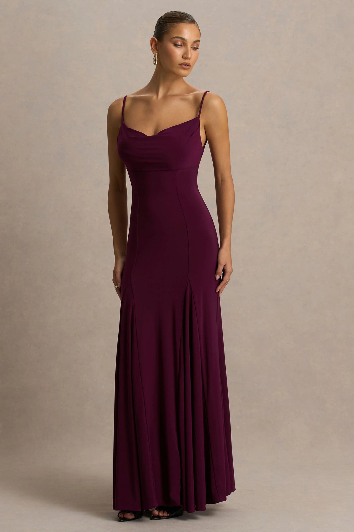 Gabbie | Burgundy Cowl-Neck Maxi Dress With Mesh Back Detail