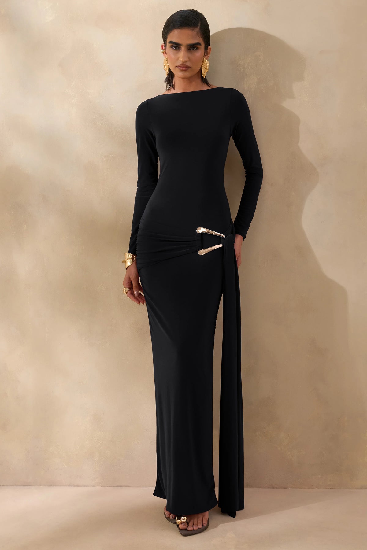 Astrielle | Black Wide-Neck With Gold-Detail And Sash