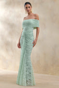 Elinor | Sage Lace Bardot-Neck Maxi Dress With Gathered-Detailing